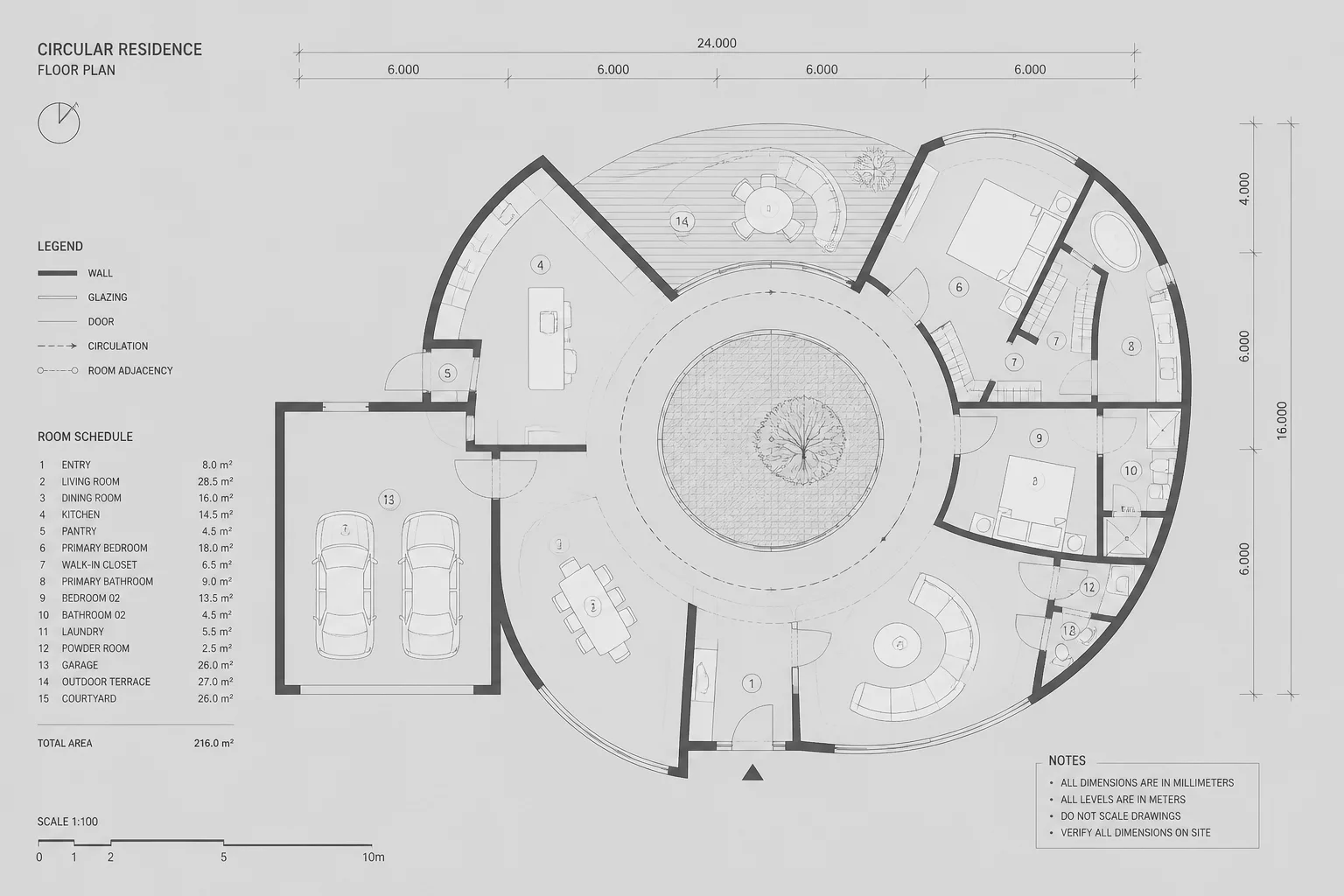 Architectural layout blueprint and circulation mapping